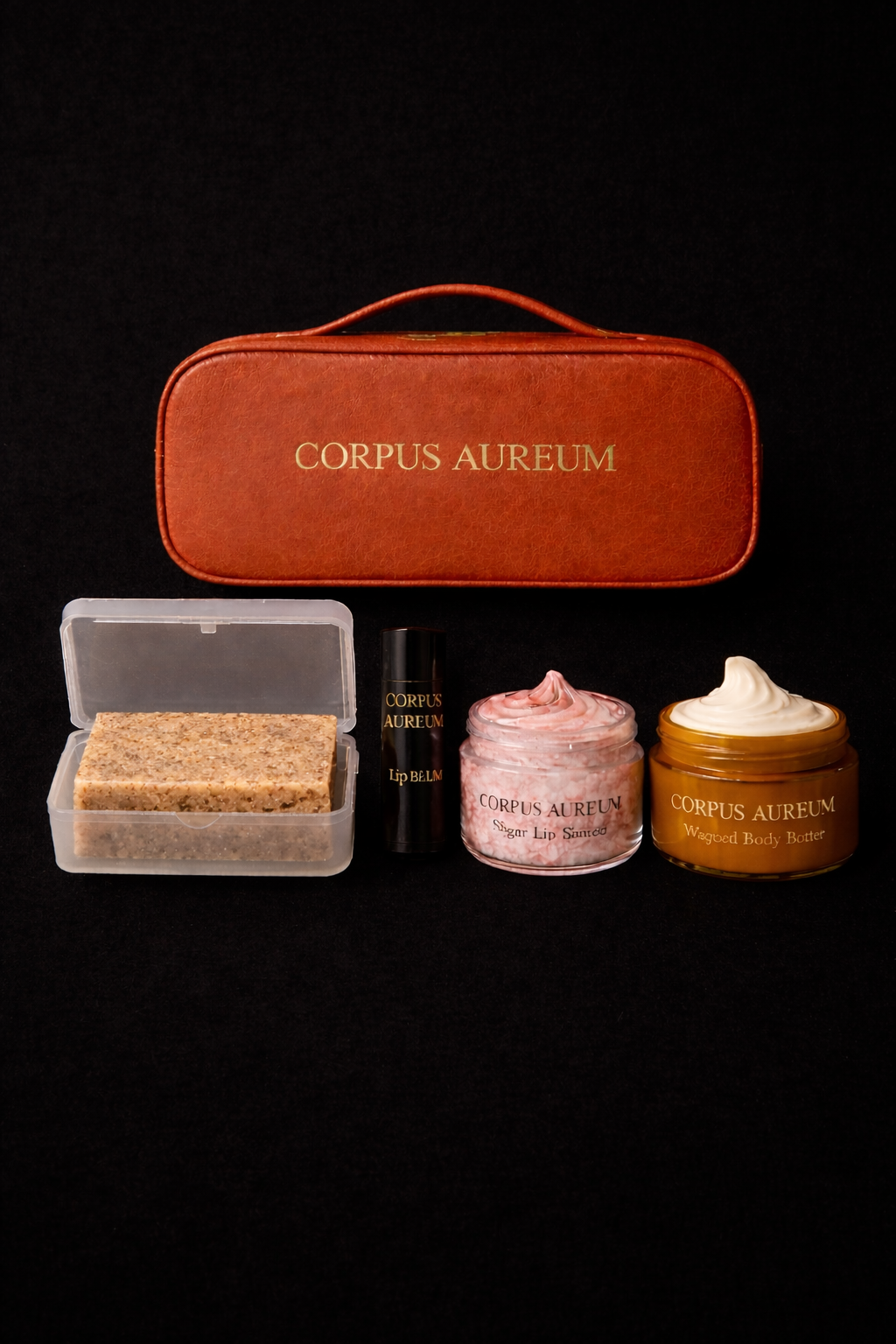 Corpus Aureum Jet Set Travel Kit – Luxury 4-Piece Skincare Set with Leather Pouch