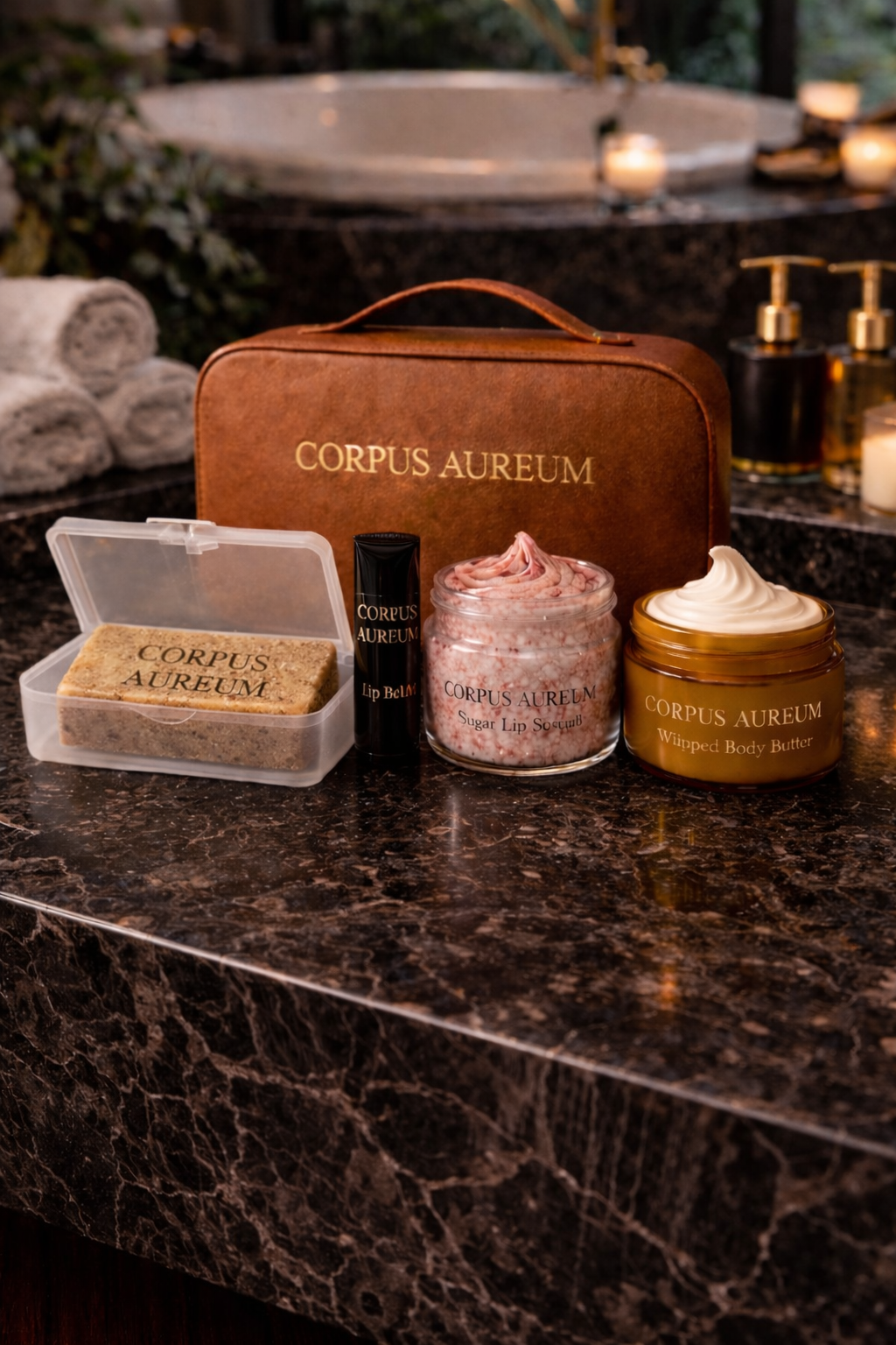 Corpus Aureum Jet Set Travel Kit – Luxury 4-Piece Skincare Set with Leather Pouch